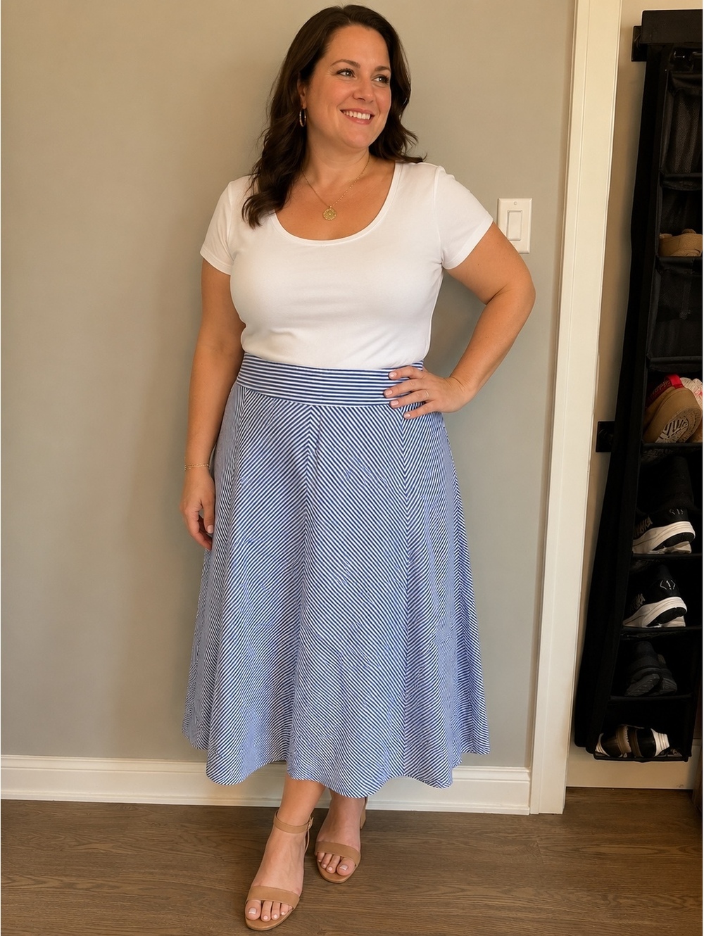 Lauren Ralph Lauren Blue and White Striped Midi Skirt Size 14